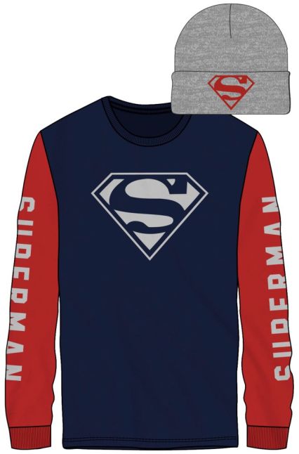 SUPERMAN – Logo Front Superman Sleeves Men's Black Red LS Tee W/ Grey Beanie Combo