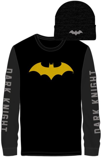 BATMAN – Bat Logo In Yellow Dark Night Sleeves Men's Black LS Tee W/ Beanie Combo