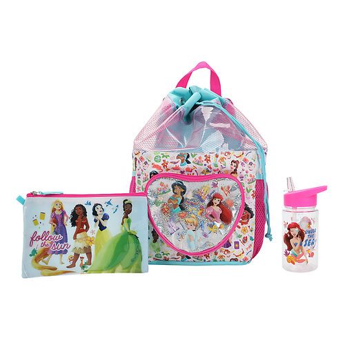 Disney Princess 3 Piece 15" Kids Drawstring Beach Backpack Set