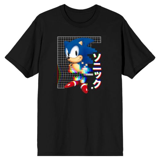 Sega Sonic The Hedgehog Glitch Mens Black T-shirt (Large)